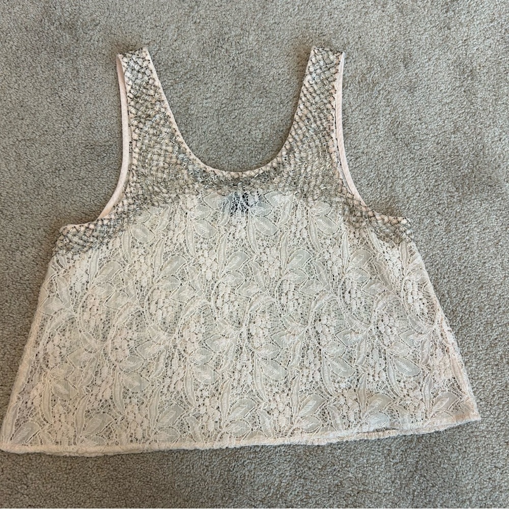 Astr the label blush pink silver beaded lace crop tank Sz M - Picture 6 of 11